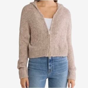 Halogen Tan Fuzzy Wool Blend Zip Front Cropped Sweater Hoodie Size Small